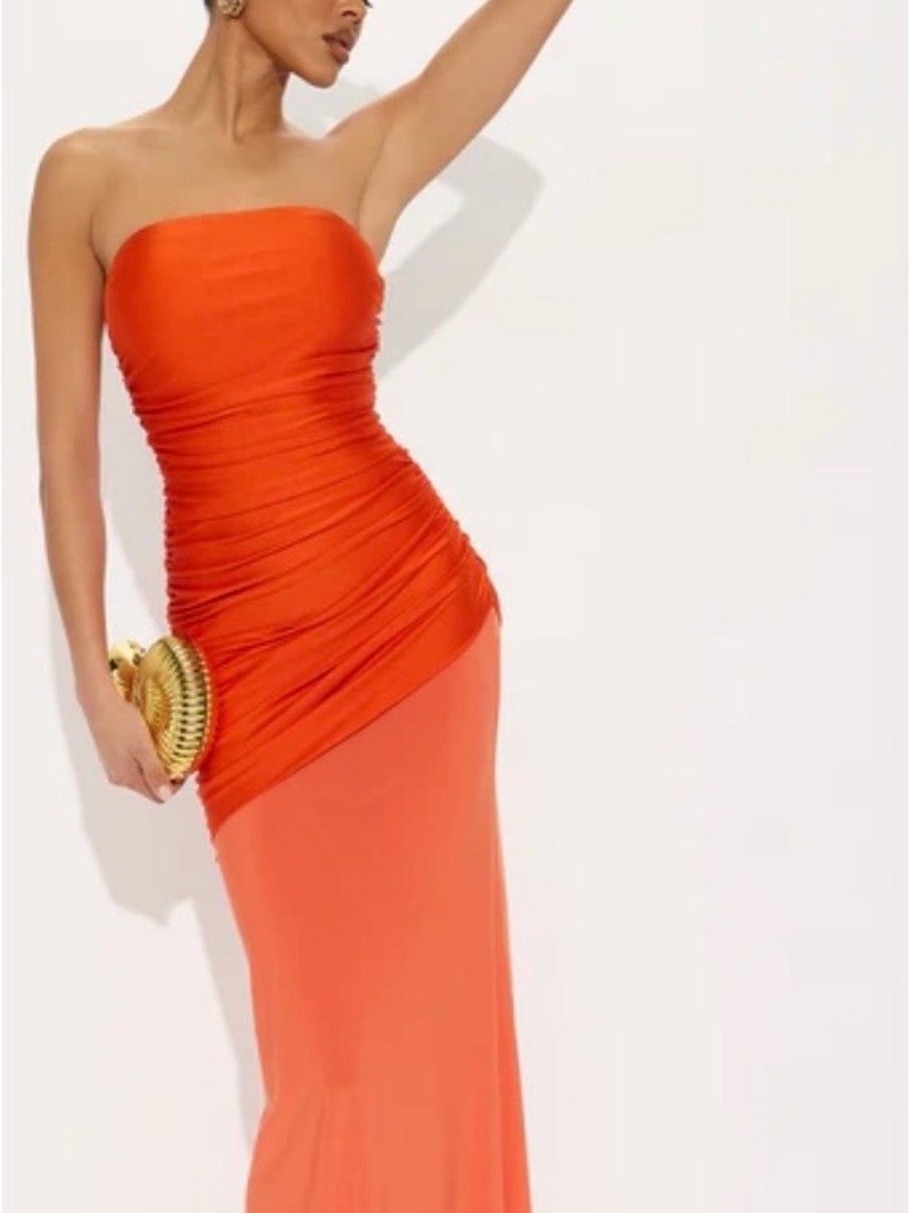 Fashion Nova Strapless Orange Ruched Gown